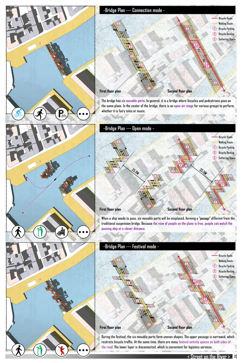 Connection, open, and festival modes illustrating the movable bridge’s flexible spatial configurations.