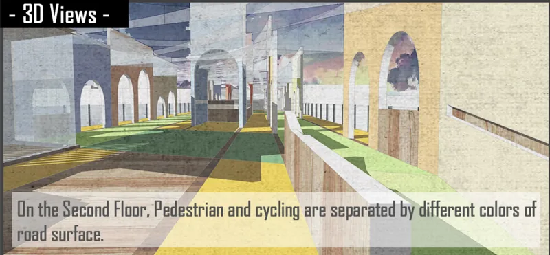 Upper-level promenade with color-coded pedestrian and cycling lanes overlooking the river.