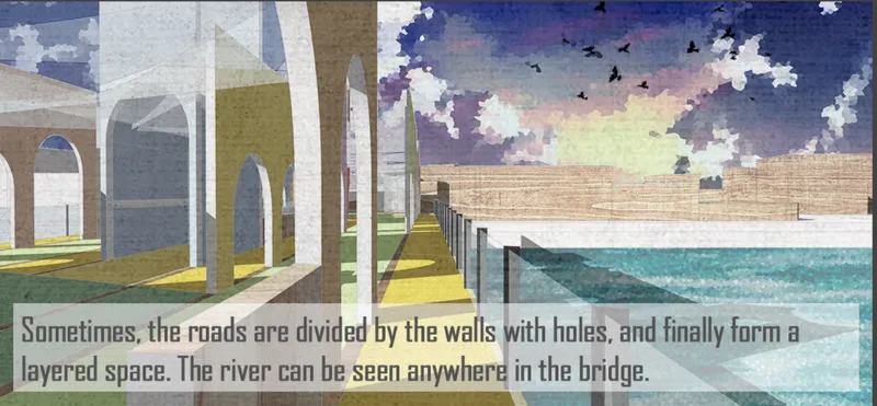 Layered arches frame continuous river views, blending street atmosphere with waterfront experience.