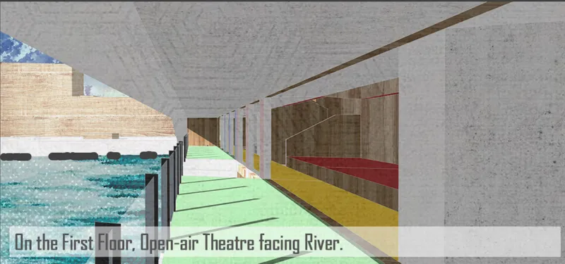Open-air riverside theatre integrated into the lower level of the bridge.