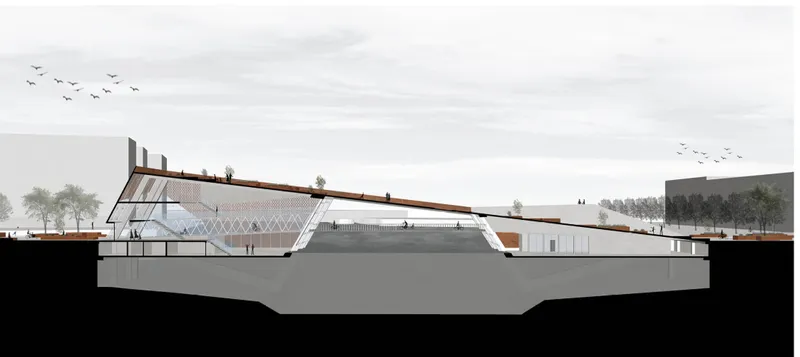 Sectional perspective illustrating the direct cycling route and the public roofscape above the harbour.