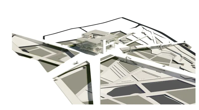 Axonometric view illustrating pedestrian bridges and the integration of the science center with the embankment.