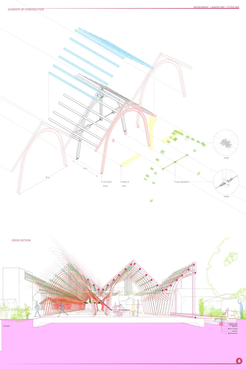Cross-section highlighting spatial flow, structural geometry, and the integration of landscape and architecture.