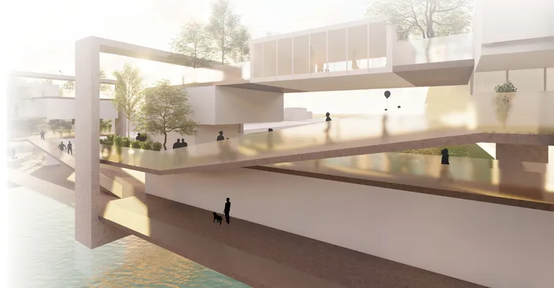 A dynamic layering of paths and volumes turns mobility infrastructure into a vibrant civic landmark.