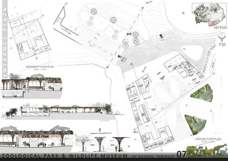 Climate-responsive entrance design blending structure with landscape contours.