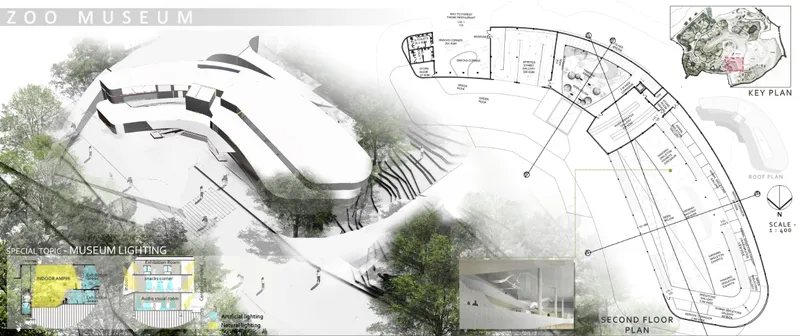 Natural and artificial lighting strategies enhancing immersive exhibition spaces.