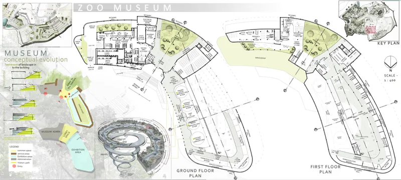 Spiral museum layout guiding visitors through evolutionary narratives.