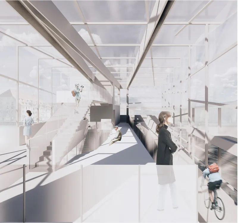 Interwoven interior ramps create dynamic vertical connections and public pause spaces.