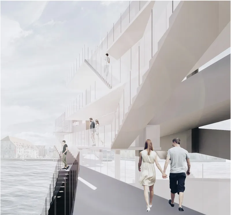 Terraced walkways overlooking the river transform infrastructure into civic experience.