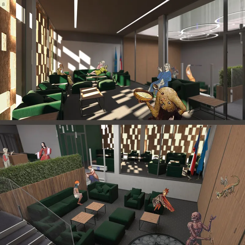 Layered interior fostering dialogue, transparency, and institutional identity.