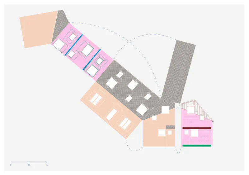 Site plan drawing showing pink and peach rectilinear volumes with grey hatched courtyard and circulation paths