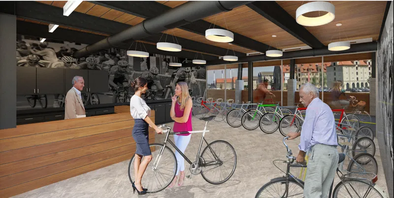 Bike sales and rental hub embedded within the bridge architecture.