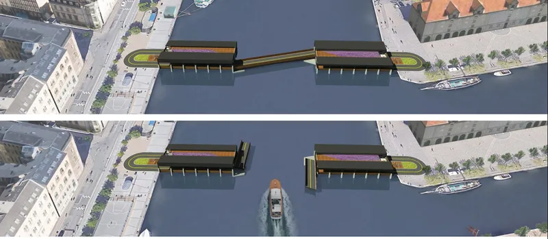 Operable bridge span allowing river traffic to pass below.