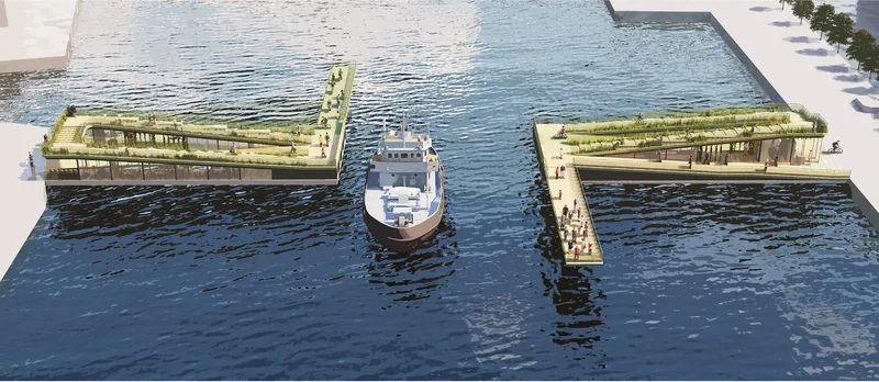 The bridge in open position, transforming into twin waterfront platforms as a boat passes through.