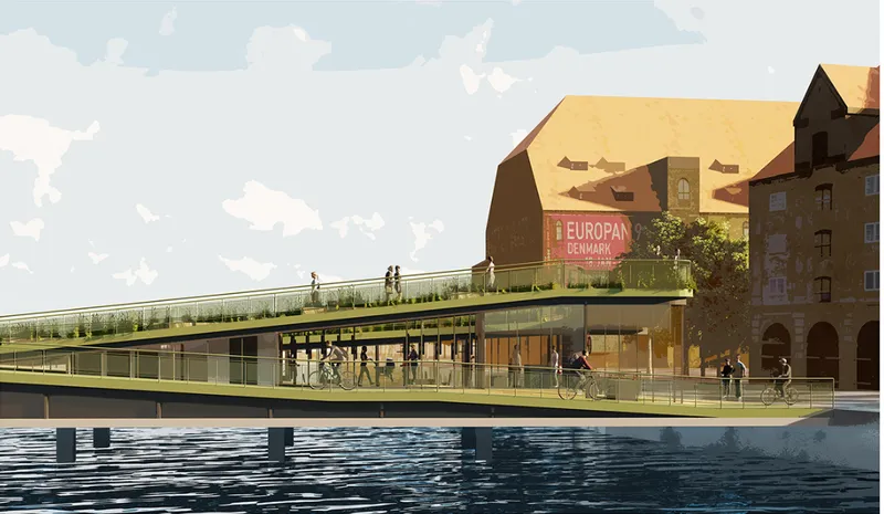 Side elevation illustrating separated cycling and pedestrian paths with planted roof terraces.