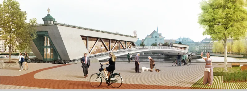 Activated waterfront plaza with integrated café and pedestrian-friendly design.