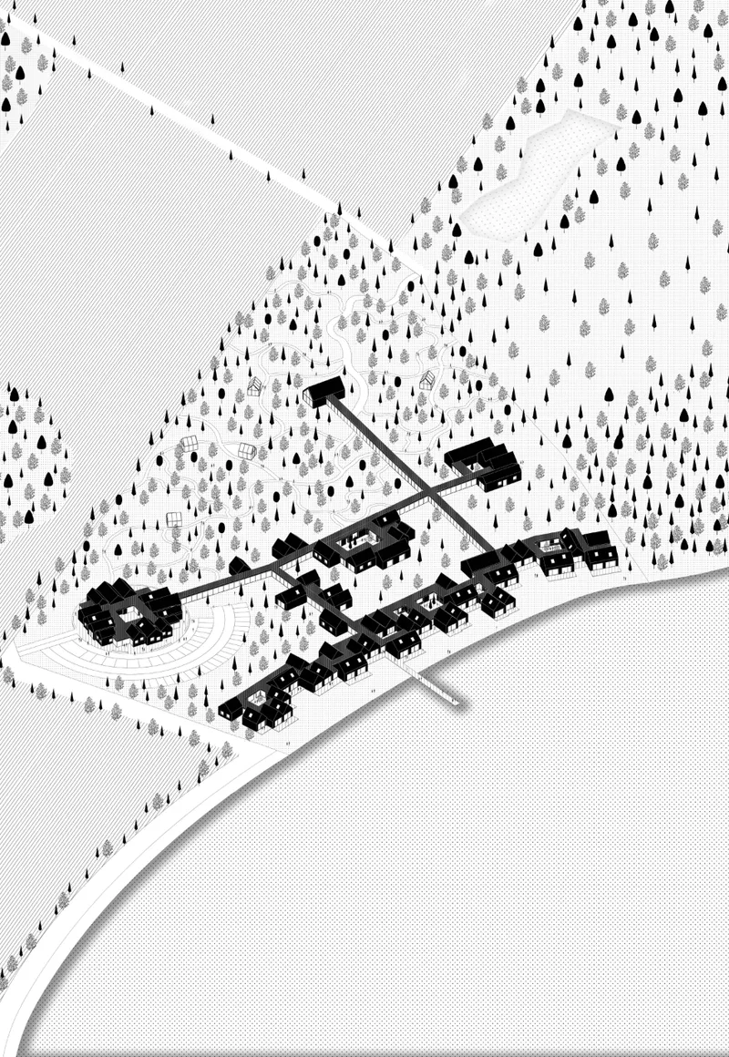 Masterplan axonometric showing a village-like healing architecture layout integrated into the landscape.