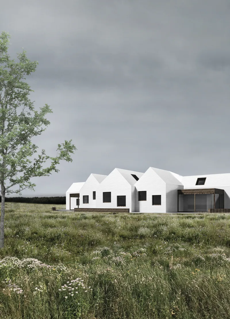 Contextual elevation highlighting repetitive gabled forms inspired by archetypal homes.