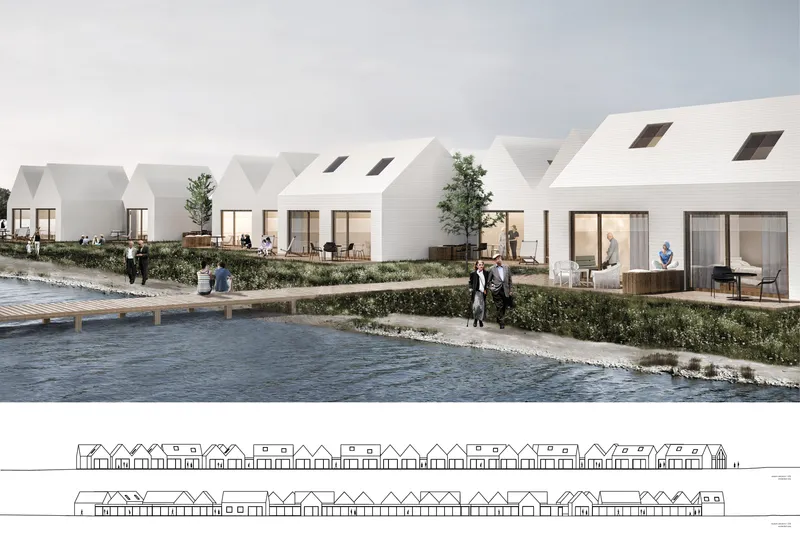 Pitched-roof residential clusters along the water with communal boardwalk connection.