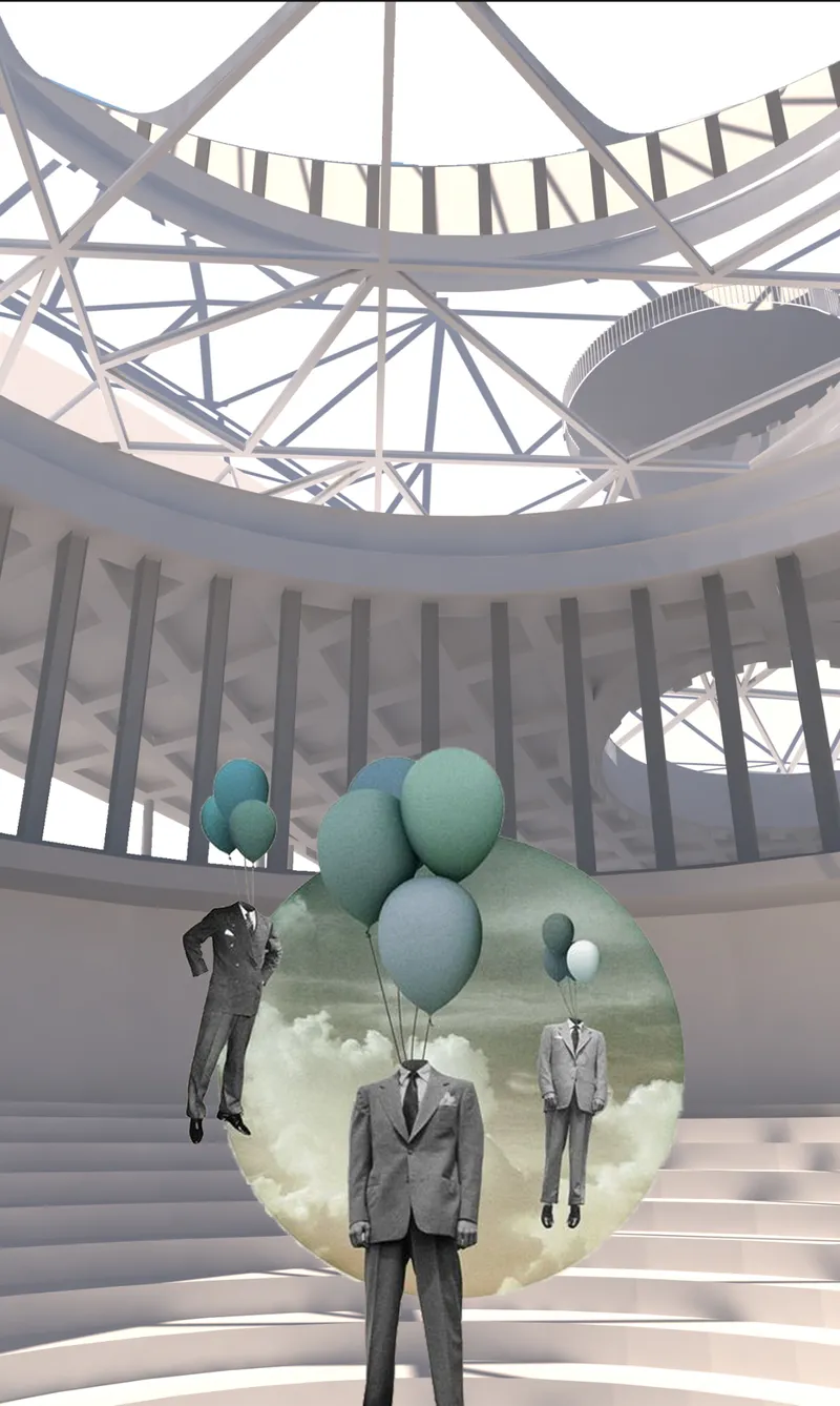 Central atrium beneath a parametric steel lattice dome.