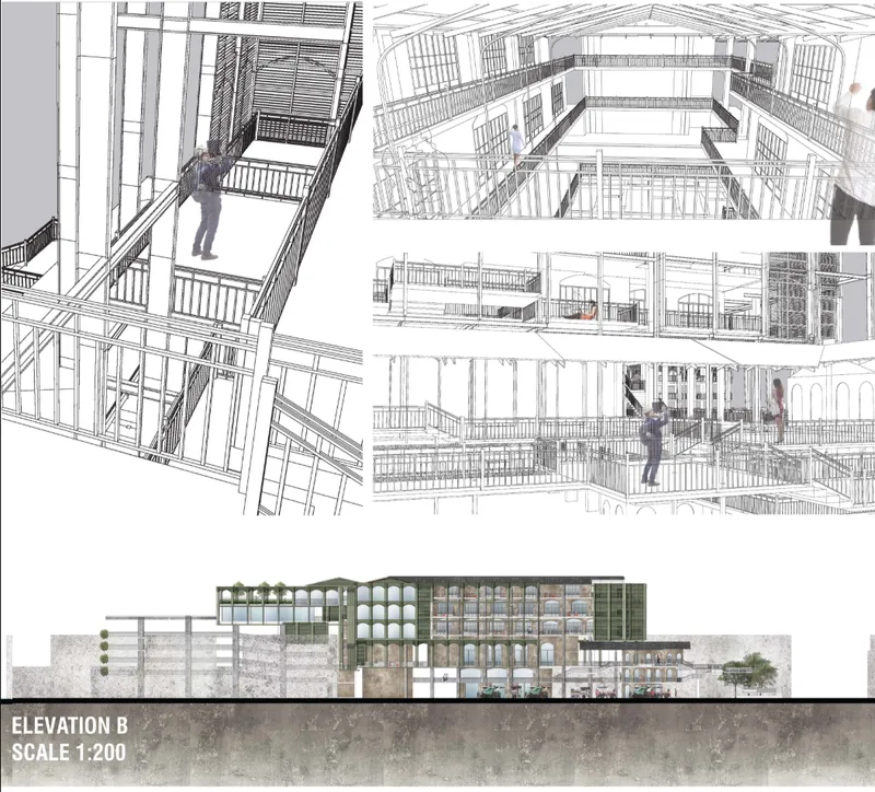 Interior circulation bridges connect learning spaces across multiple levels within the adaptive reuse framework.