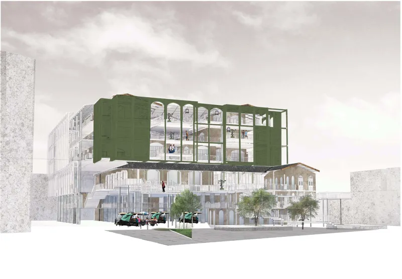 Perspective view showing the integration of preserved heritage façade with contemporary green screen structure.