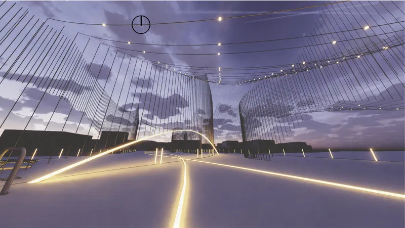 Night view of the illuminated bridge, where warm lighting and flowing structural lines create a welcoming urban landmark.