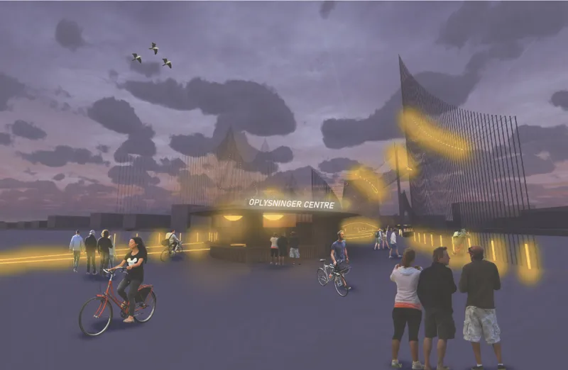 The information center and gathering plaza activate the bridge as a vibrant civic space for cyclists and pedestrians.