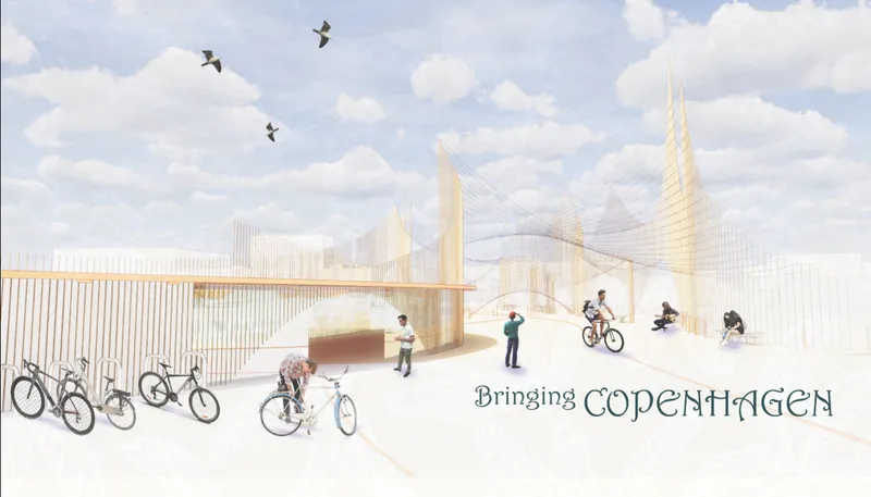 Conceptual visualization of Bro Copenhagen as a sustainable bridge architecture merging cycling culture and hygge-inspired public space.