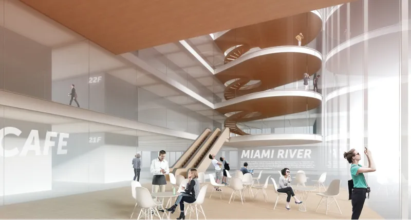 Collaborative core with café and spiral circulation forming a vertical public space inside the tower complex.