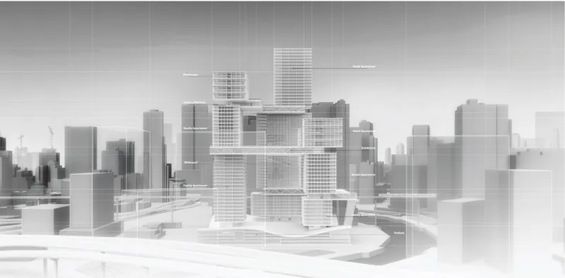 Daylight visualization revealing the three towers and elevated cultural loop within the Miami River urban skyline.