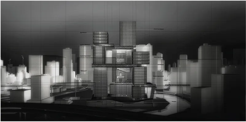 Night rendering showing the illuminated loop acting as an urban billboard and cultural destination in the city.