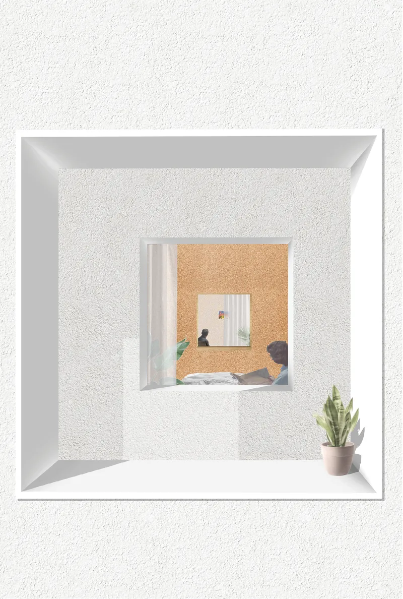 Framed thresholds creating layered visual connections across private and shared living spaces