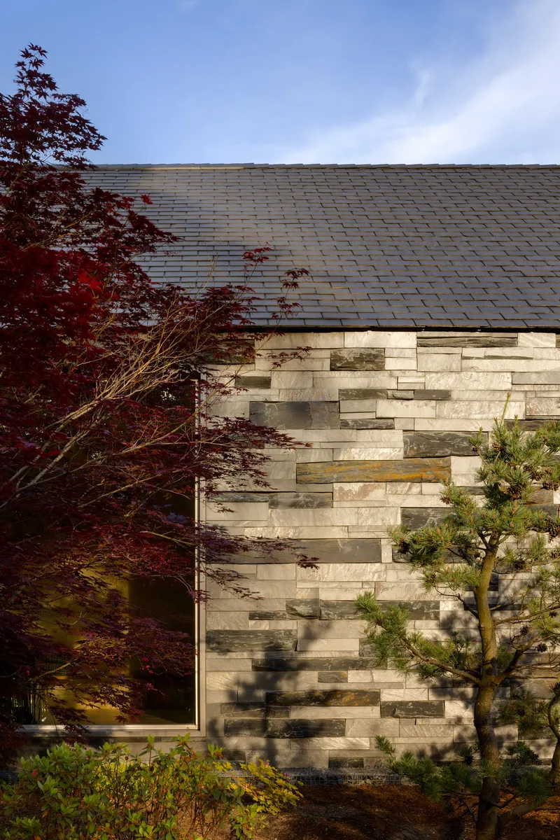 Slate roof meeting horizontal stone-clad wall with Japanese maple and small pine in the foreground at twilight