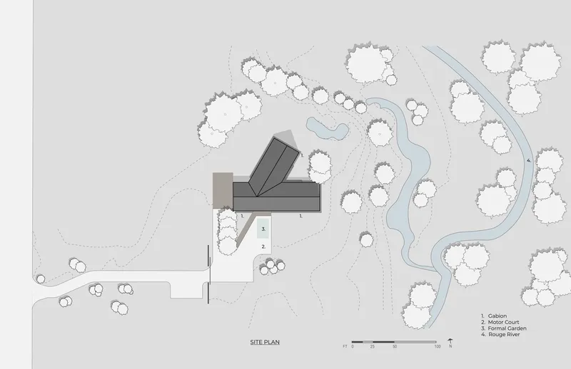 Site plan drawing showing angular building volumes near a winding river with scattered trees