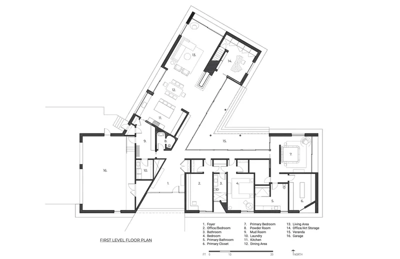 First level floor plan drawing showing angled living and bedroom zones around a central entry