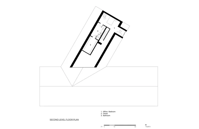 Second level floor plan drawing showing office and bedroom spaces above a linear cantilevered plane