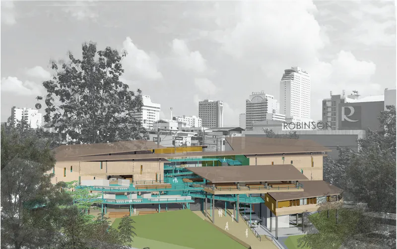Multicultural public hub in Hat Yai reconnects communities through elevated walkways, open terraces, and layered cultural spaces.