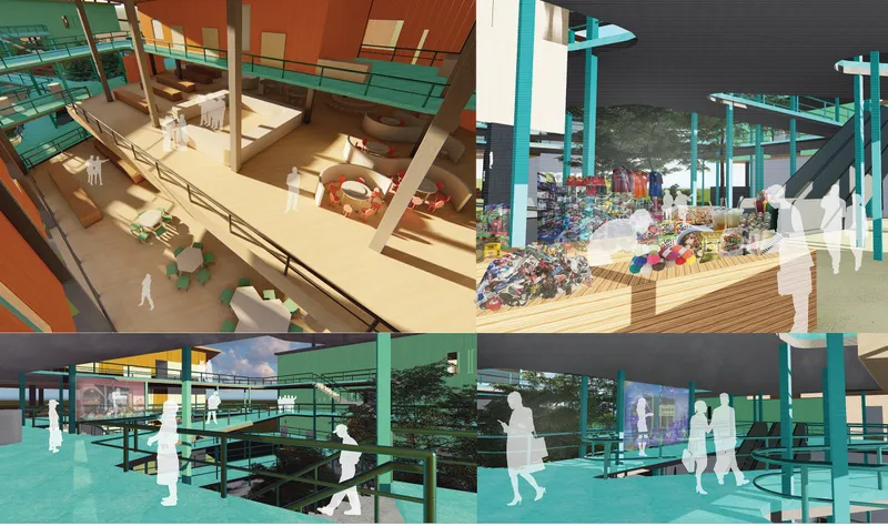 Interior circulation spaces integrate food markets, social seating, and exhibition zones to encourage cultural interaction and public engagement.