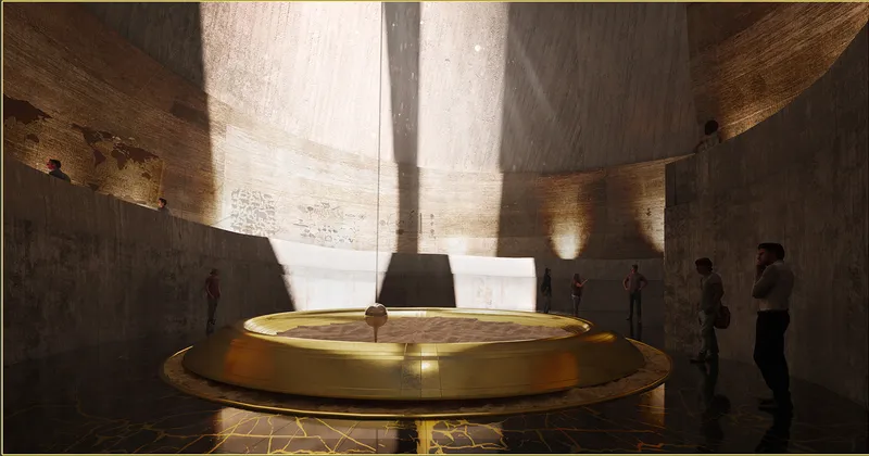 Monumental chamber centered around the sand-filled basin