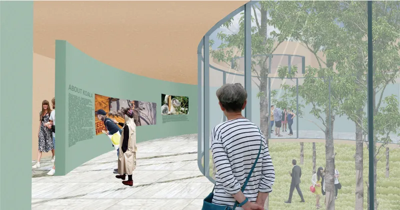 Immersive exhibition space connecting visitors with koala habitats through architecture and landscape integration.