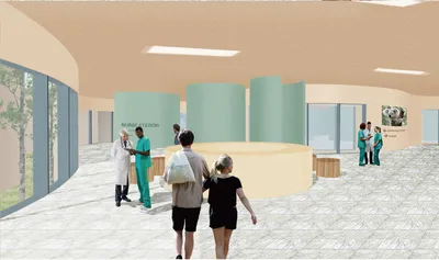 This architectural rendering depicts the interior of a modern hospital waiting area. The space featu