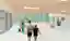 This architectural rendering depicts the interior of a modern hospital waiting area. The space featu