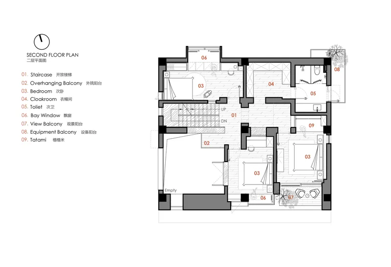 Second floor plan drawing showing bedrooms, staircase and balconies arranged around a central landing