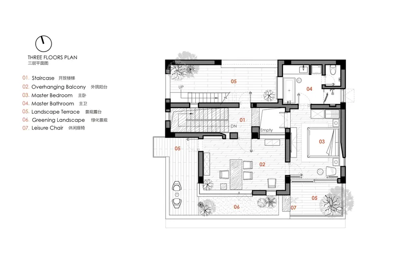 Floor plan drawing showing the third level layout with staircase, master suite, and landscape terrace