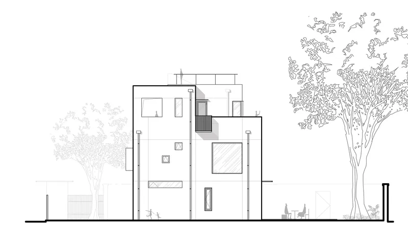 Elevation drawing showing the two-story volume with offset windows flanked by mature trees on both sides