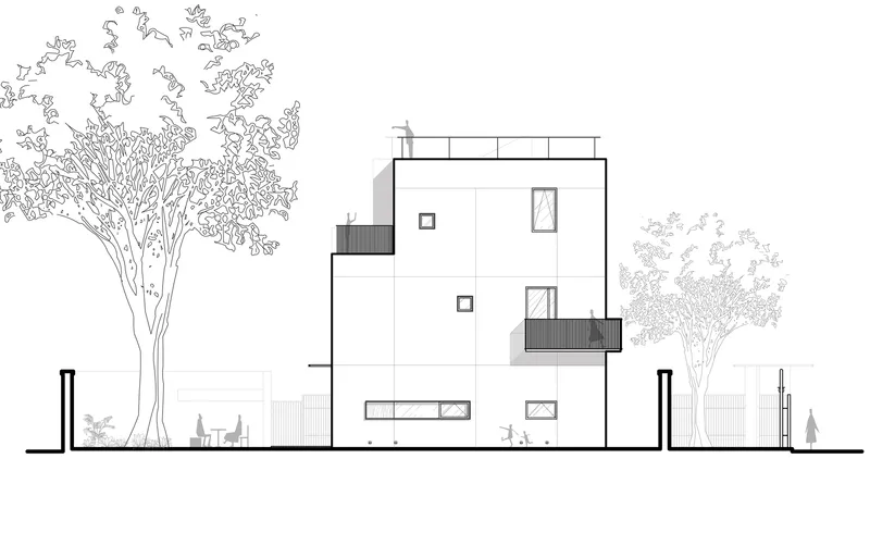 Elevation drawing displaying the facade with balconies, window openings, and surrounding landscape elements