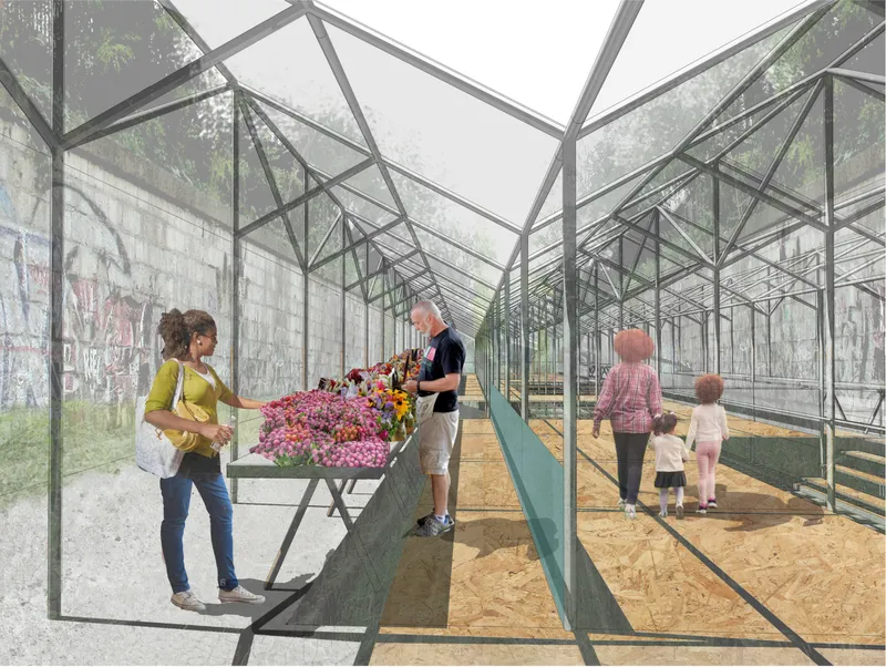Market stalls integrated within a lightweight canopy structure activate the linear platform along the former railway tracks.