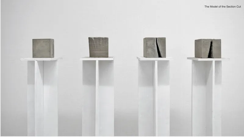 Progressive section models illustrate the transformation from solid mass to fractured void, defining the architectural language of the scar.