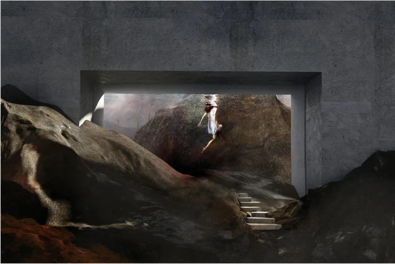 Subterranean spatial experience framed by concrete and rock evokes reflection, where light and shadow articulate the emotional depth of the memorial.